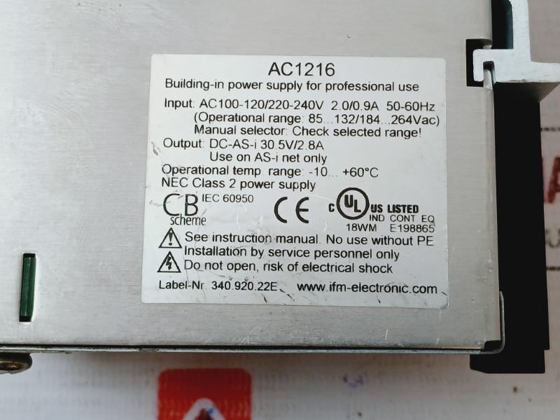 Ifm Electronic Ac 1216 As-i Power Supply 115/230V Ac 2.0/0.9A 50-60Hz