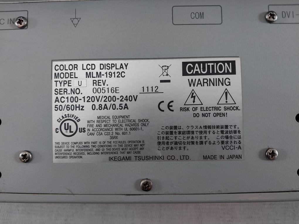Ikegami Mlm-1912C Lcd Color Monitor Ac100-120V/200-240V 50/60Hz 0.8A/0.5A