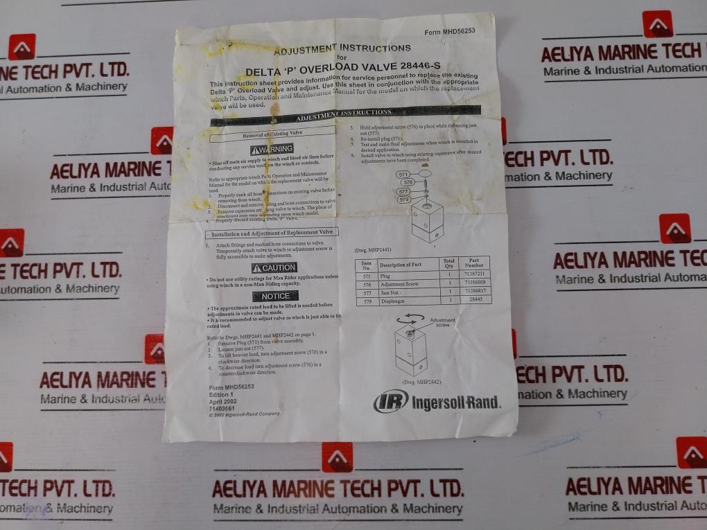 Ingersoll-rand 28446s Delta P Overload Valve