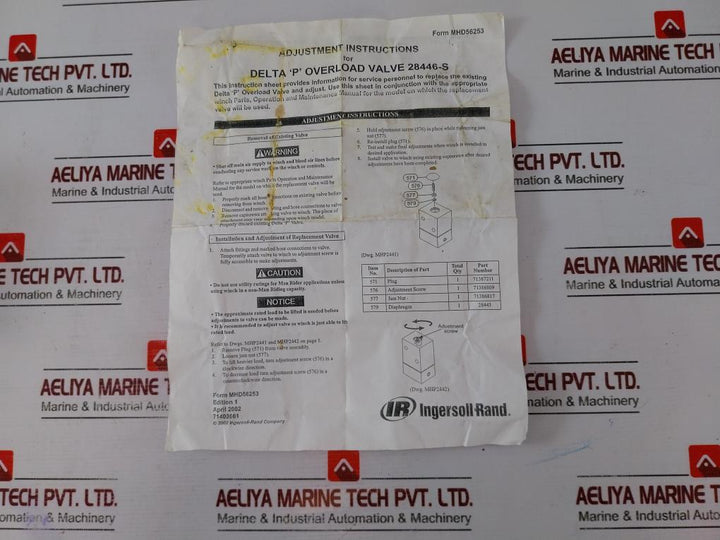 Ingersoll-rand 28446S Delta P Overload Valve