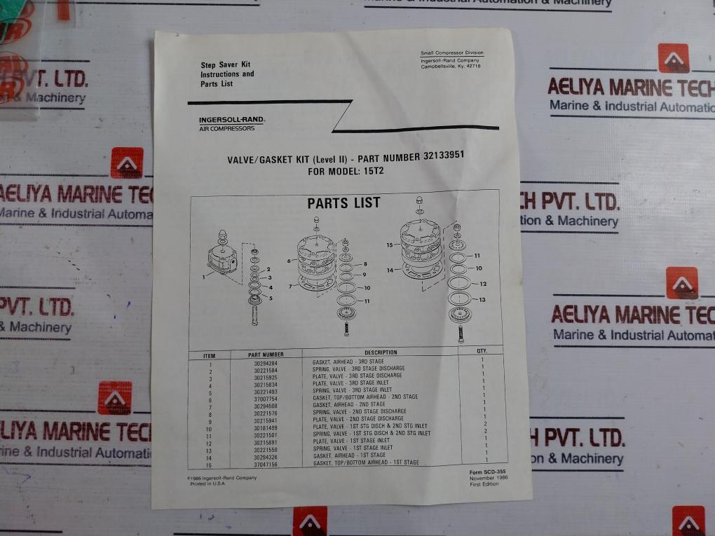 Ingersoll Rand 32133951 Plate , Spring , Top/Bottom Airhead, Valve/Gasket Kit