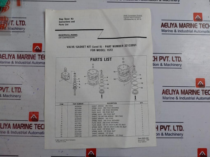 Ingersoll Rand 32133951 Plate , Spring , Top/Bottom Airhead, Valve/Gasket Kit