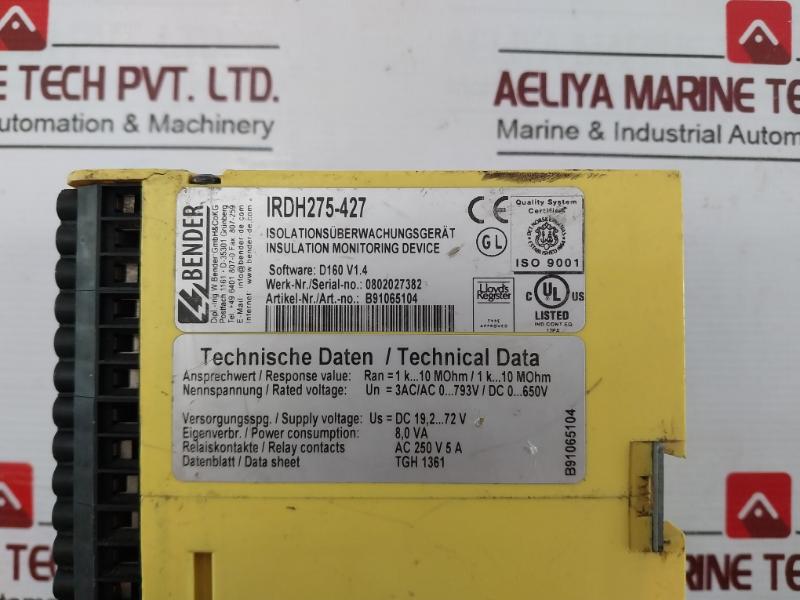Bender Irdh275-427 Isometer Insulation Monitoring Device B91065104 (Not Working)