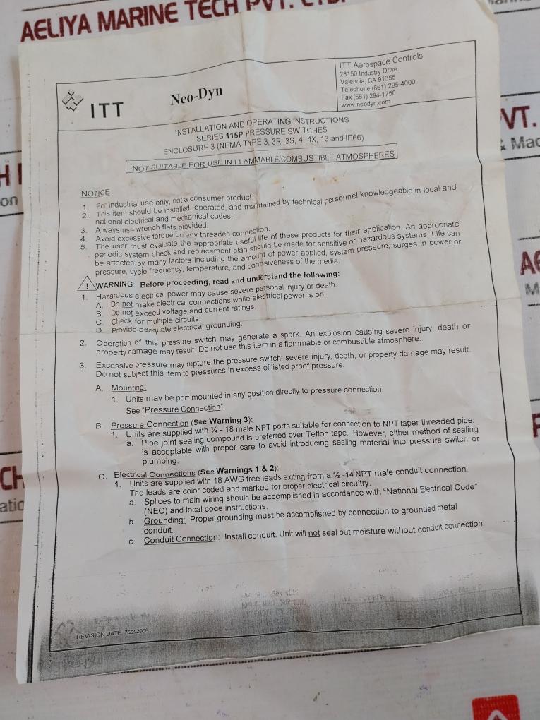 Itt Neo-dyn 115p1c3-1705 Pressure Switch 75 Psig Series 115p