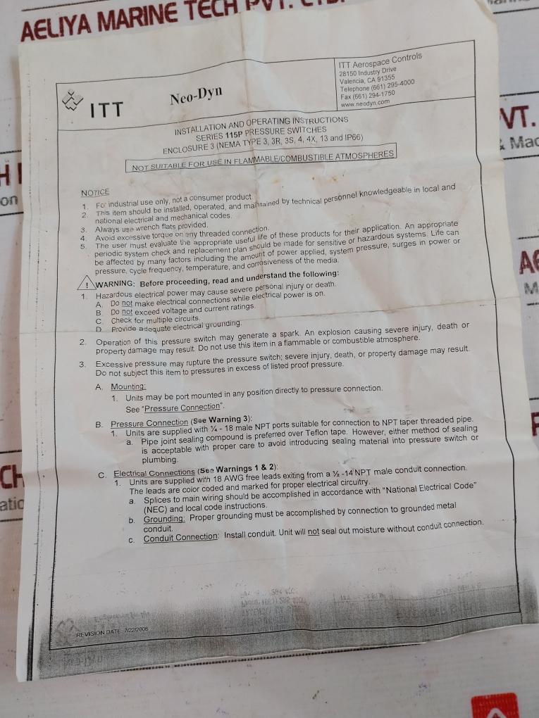 Itt Neo-dyn 115p1c3-1705 Pressure Switch 75 Psig Series 115p