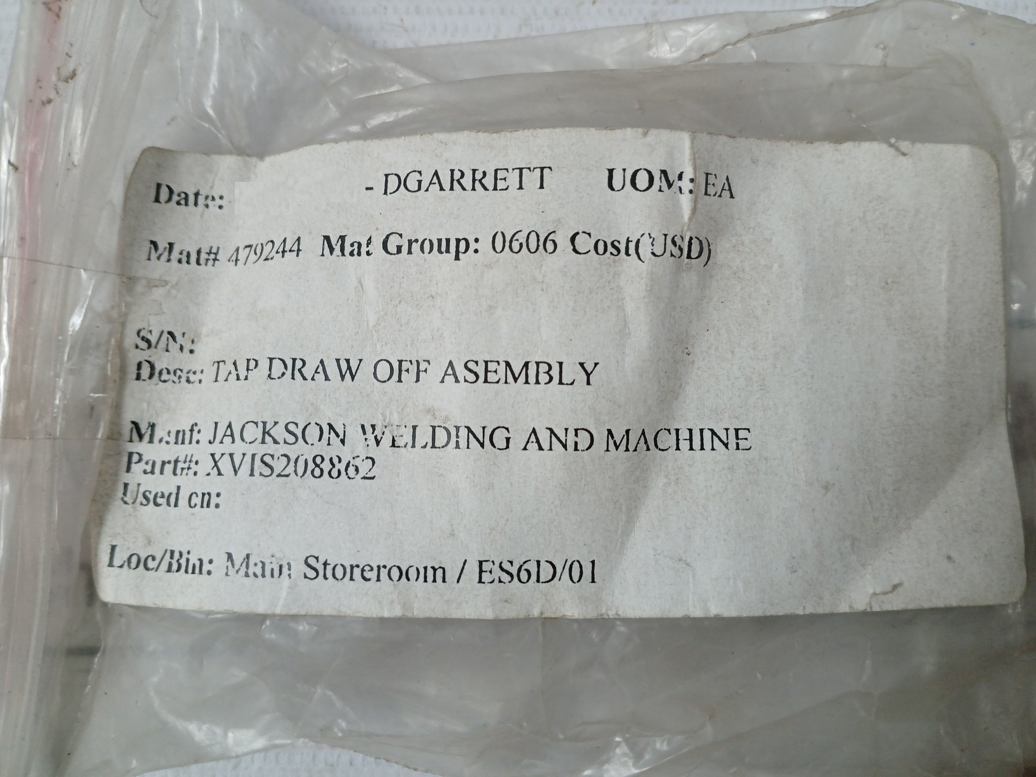 Jackson welding xvis208862 tap draw off assembly