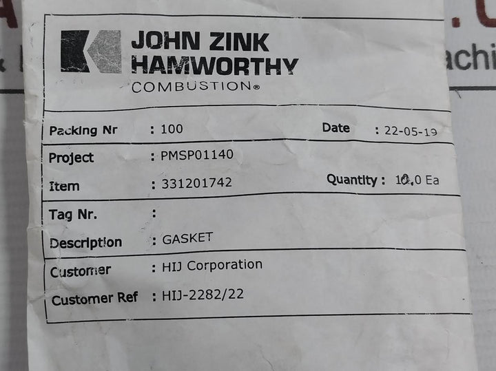 John Zink Hamworthy 331201742 Gasket (1Pack = 10Pcs)