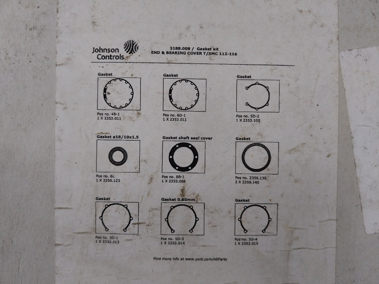 Johnson Controls 3188.008 Gasket Kit