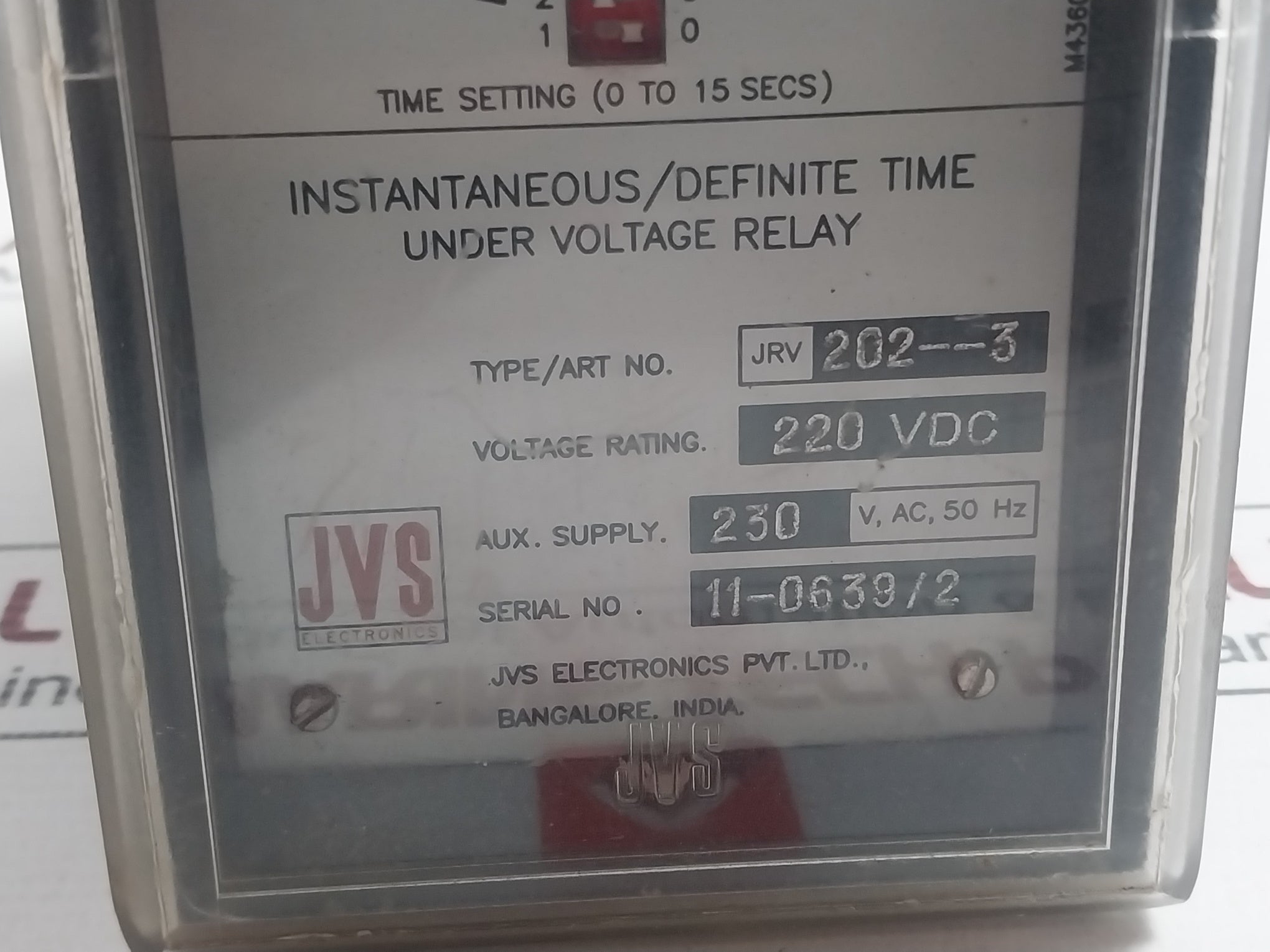 Jvs Jrv 202--3 Under Voltage Relay 220Vdc 0-15 Secs