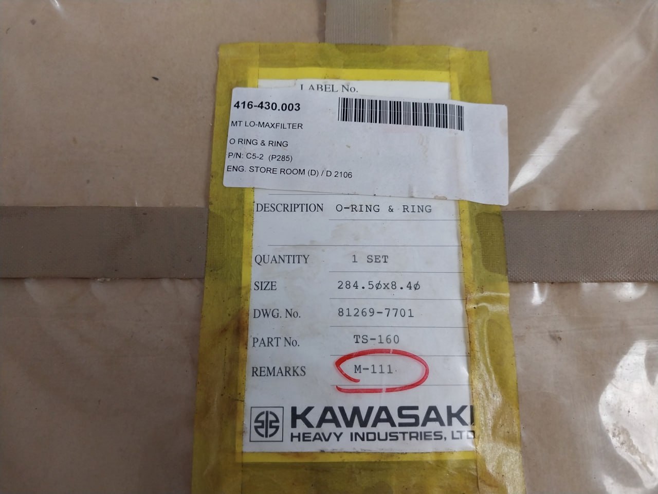 Kawasaki Ts-160 O-ring & Ring C5-2 284.5 Mm 8.4 Mm