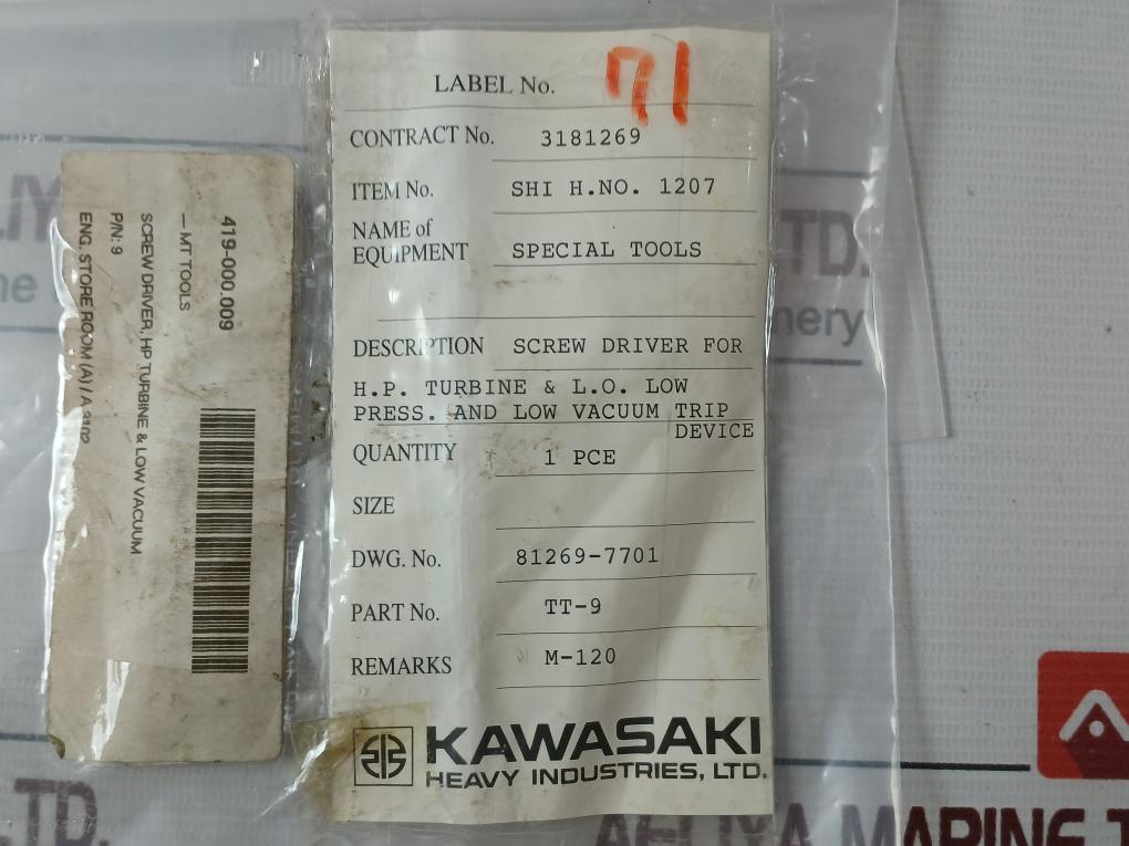 Kawasaki Tt-9 Screwdriver Set For H.P. Turbine & L.O. Trip Device M-120