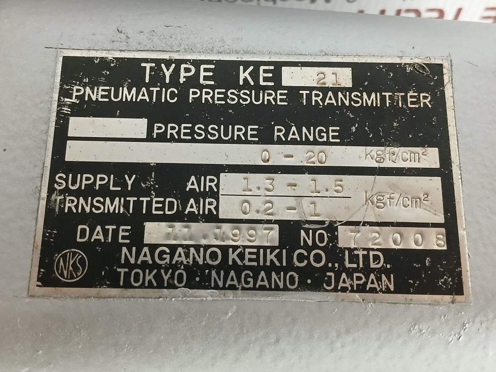 Ke 21 Nagano Keiki  0-20 Kgf/Cm2 0-2 Mpa Pneumatic Pressure Transmitter