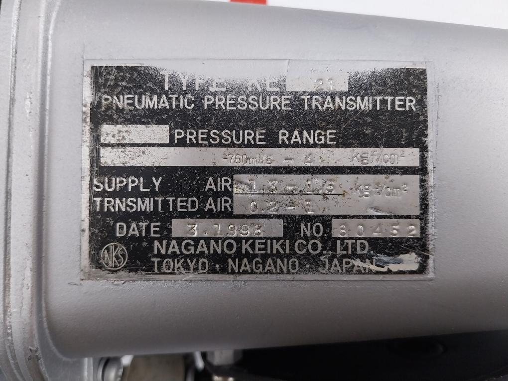 Ke 21 Pneumatic Pressure Transmitter Nagano Keiki -76 Cmhg - 4 Kgf/Cm2