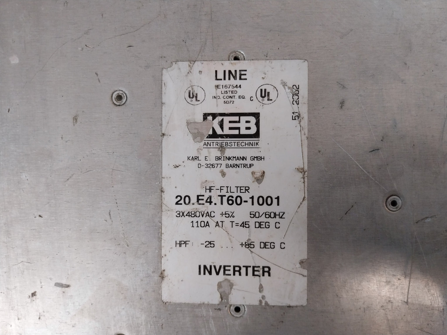 Keb 20.E4.T60-1001 Hf-filter 50/60Hz E167544 690V 50Mm2 600V 125A 6-1/0Awg