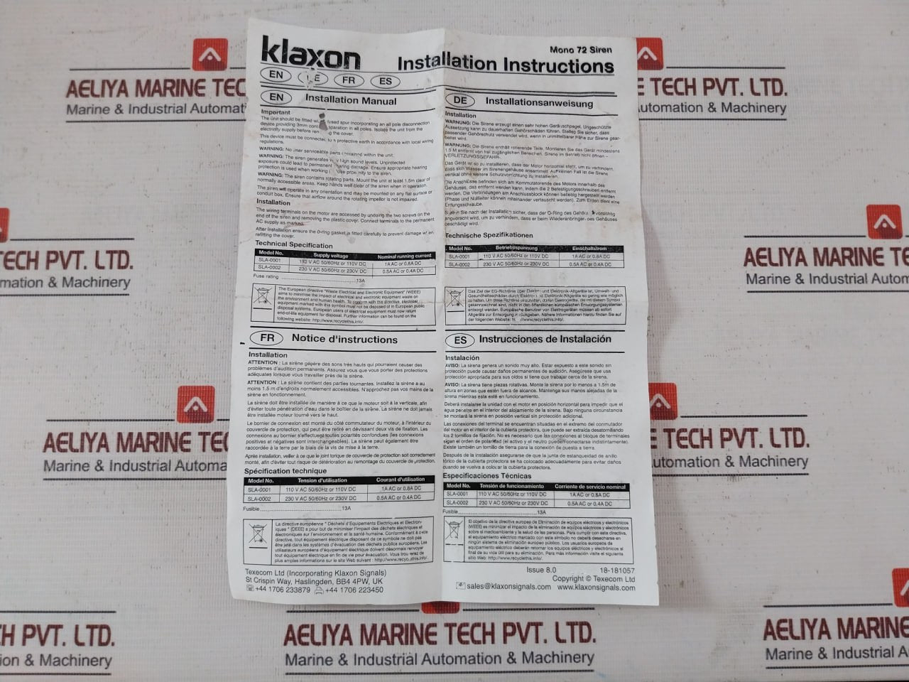 Klaxon Sla-0002 Mono 72 Electric Motor Signalling Emergency Siren 230Vac 50/60Hz