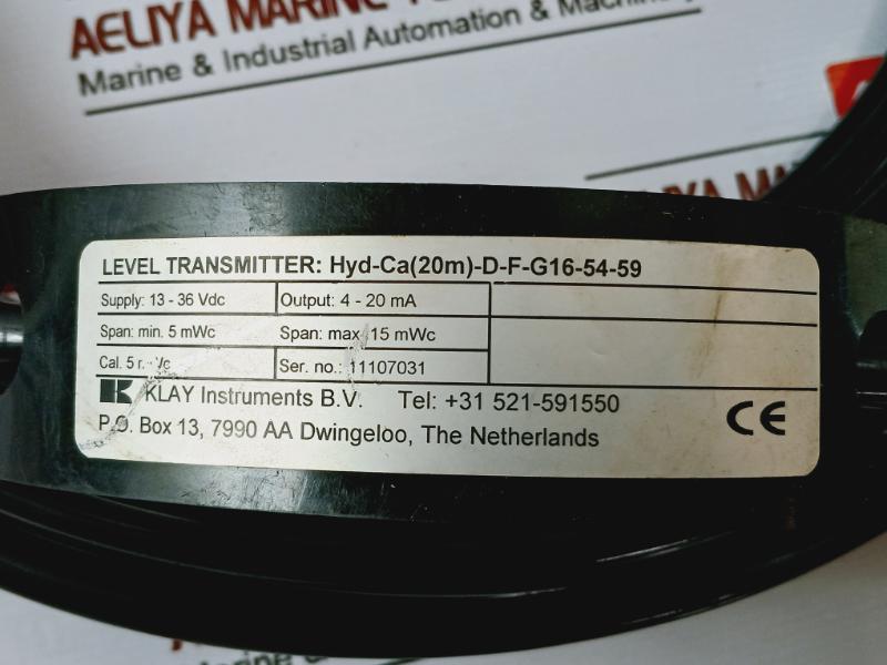 Klay Instruments Hyd-ca(20M)-d-f-g16-54-59 Level Transmitter W/ Cable 13-36Vdc