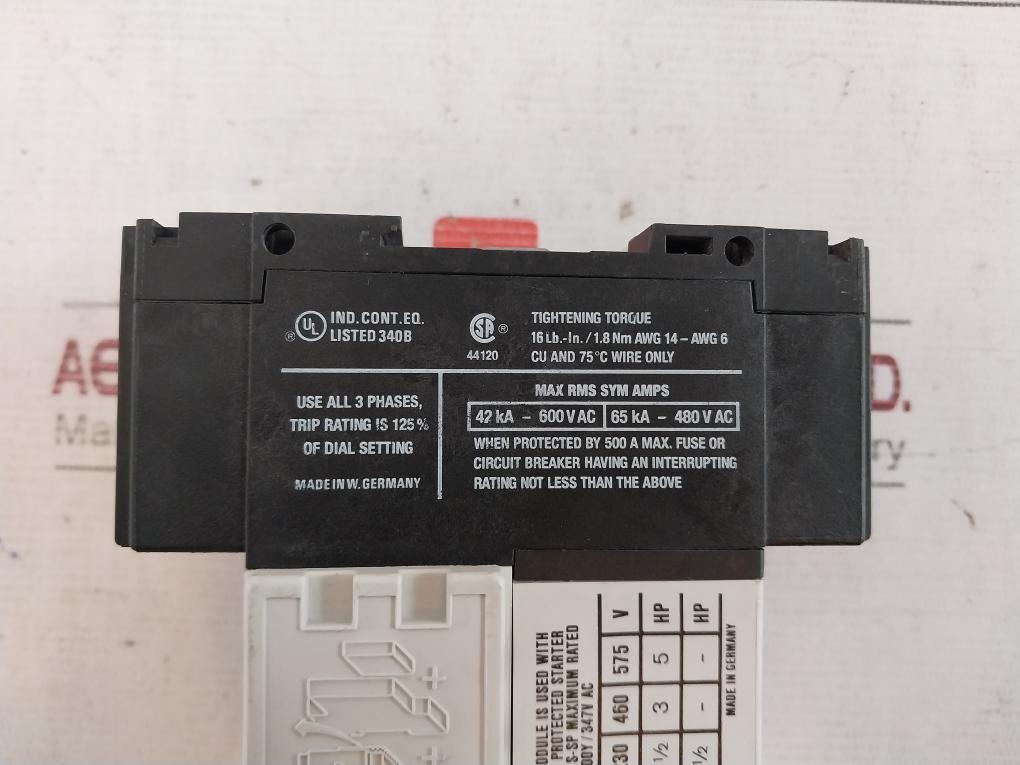 Klockner Moeller PKZ 2 Manual Motor Protector With Base 50/60HZ 42KA-600V AC