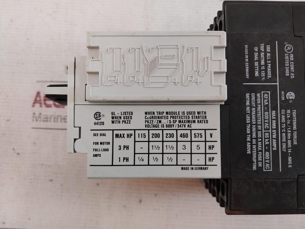 Klockner Moeller PKZ 2 Manual Motor Protector With Base 50/60HZ 42KA-600V AC
