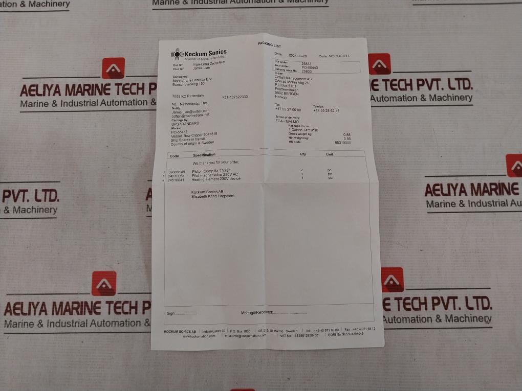 Kockum Sonics 39880149 Piston Complete For Tv784 Pilot Valve Heating Element Kit