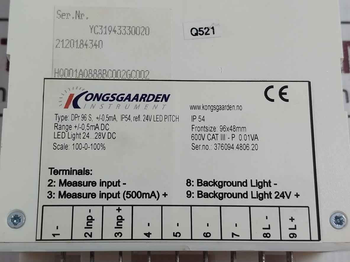 Kongsgaarden Dpr96S Analog Panel Meter 100% 0.5Ma Dc 24V Ip54