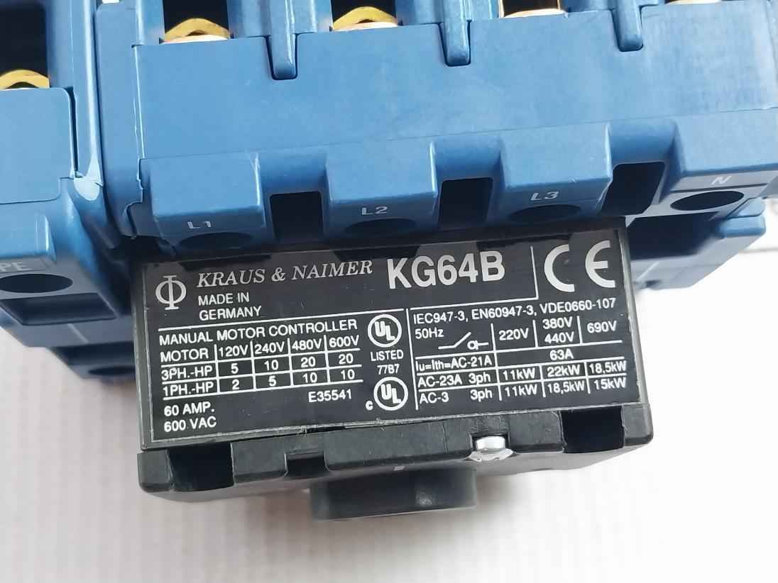 Kraus & Naimer Kg64B Manual Motor Controller 600 Vac 60 Amp T305/D-a004
