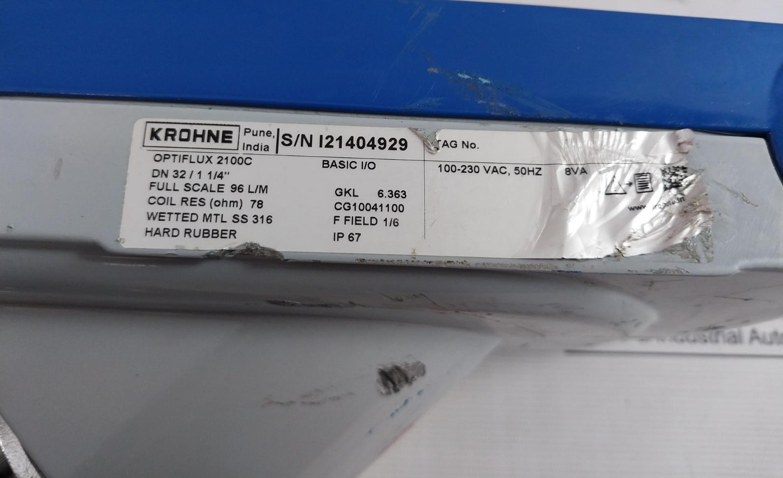 Krohne Optiflux 2100C Basic I/O Electromagnetic Flowmeter 78Ohm Ip67 100-230Vac