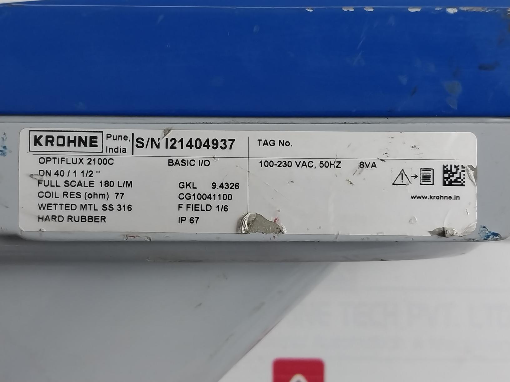 Krohne Optiflux 2100C Basic I/O Electromagnetic Flowmeter Ip67 77Ohm 100-230Vac
