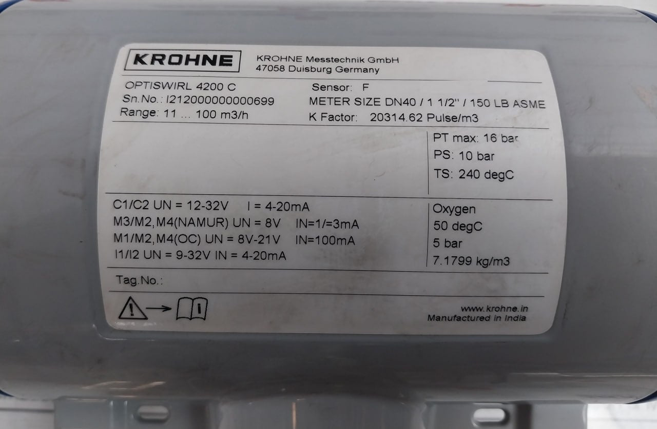 Krohne Optiswirl 4200 C Vortex Flowmeter W/ Integrated Temperature Sensor 10 Bar