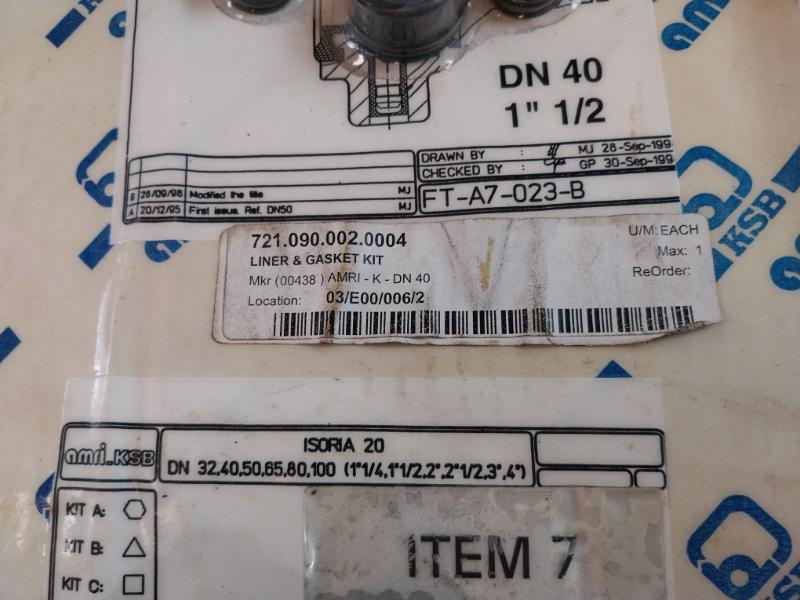 Ksb Ft-a7-023-b Liner And Gasket Kit For Butterfly Valve Amri Dn 40 Isoria 20