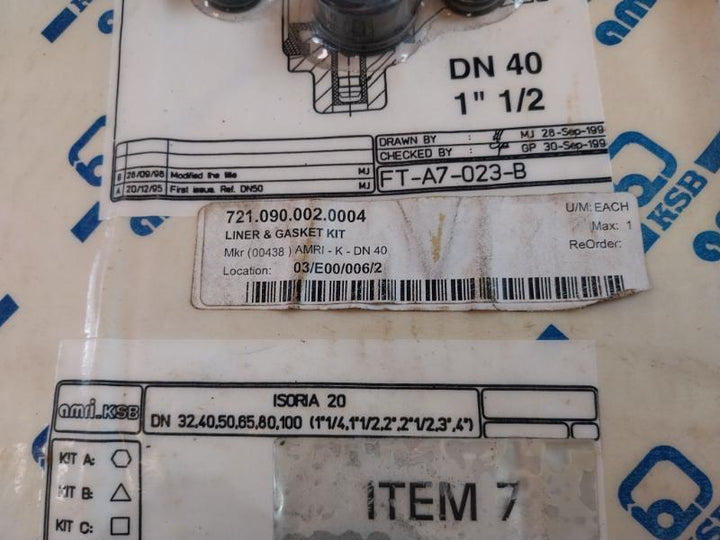Ksb Ft-a7-023-b Liner And Gasket Kit For Butterfly Valve Amri Dn 40 Isoria 20