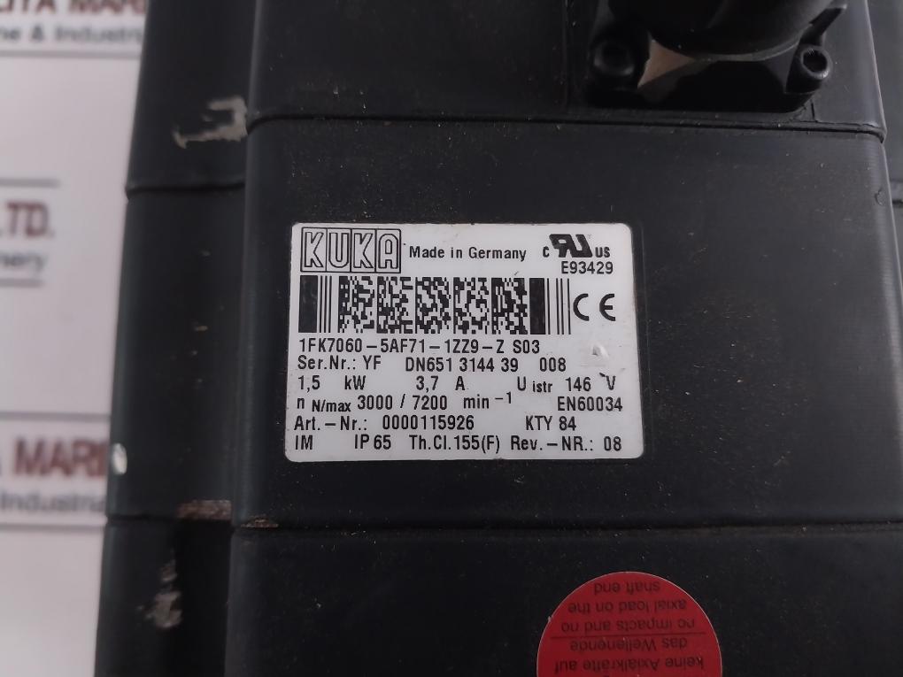 Kuka 1FK7060-5AF71-1ZZ9-Z S03 Servo Motor 0000115926 1,5 KW 3,7 A 146 V