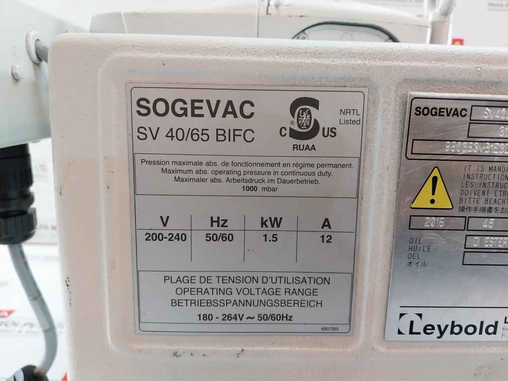 LEYBOLD SV 40/65 BIFC Vacuum Pump V1.40 1000 MBAR 200-240V 50/60 Hz