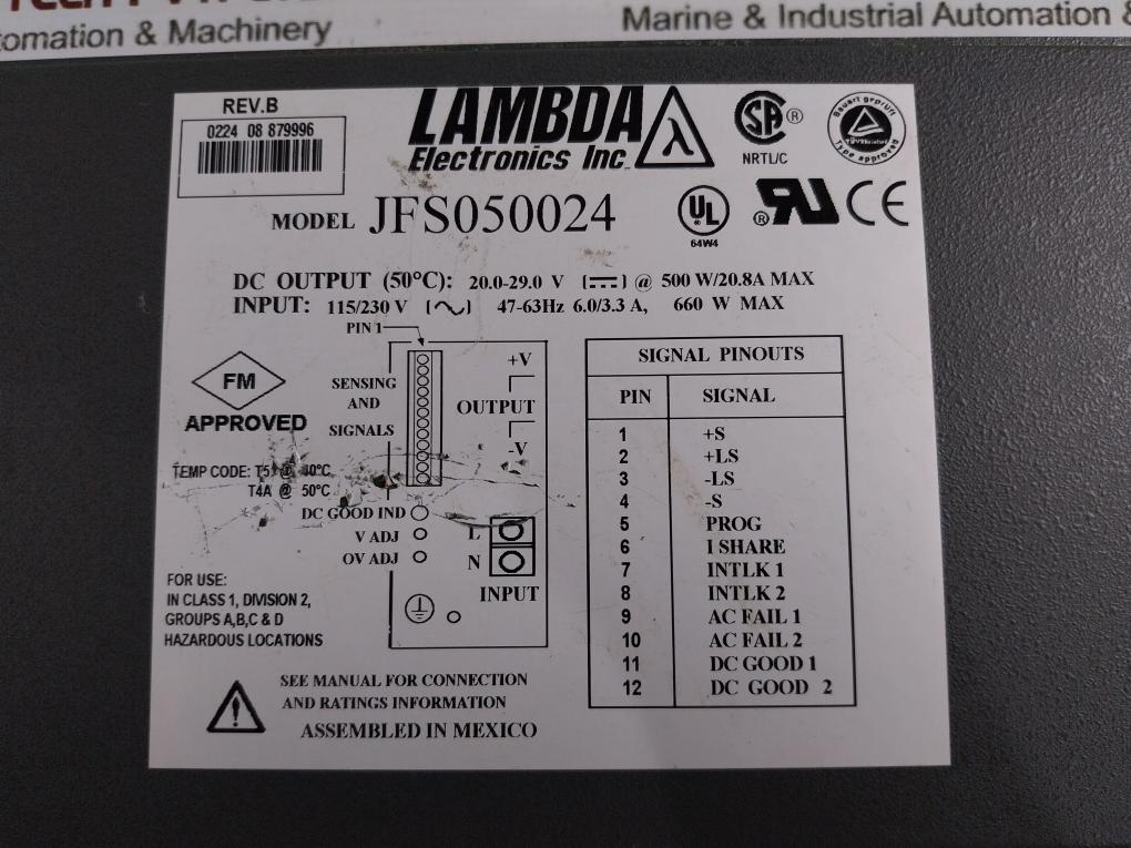 Lambda Electronics Jfs050024 Power Supply Input Rev.B 94V-0, 0224 08 879996