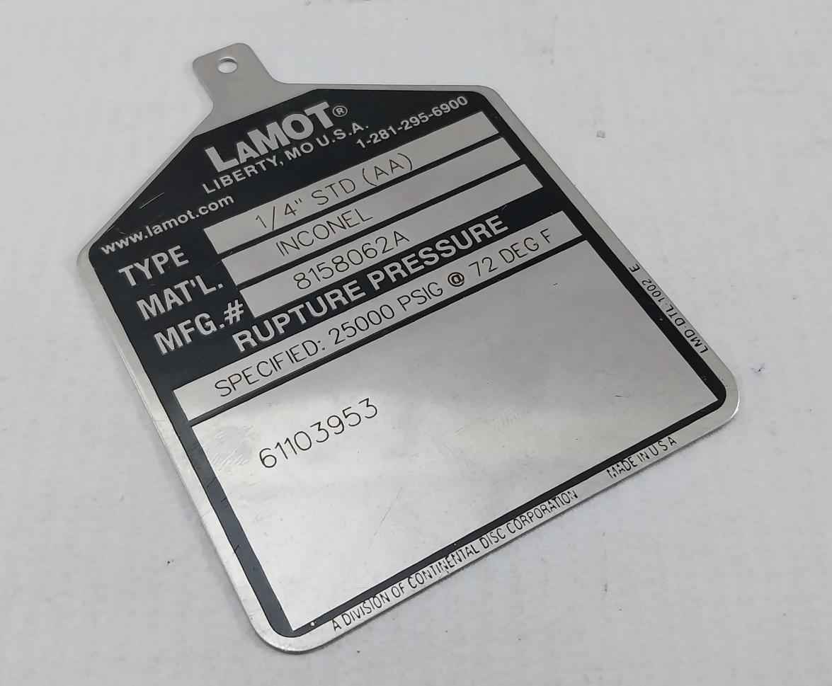 Lamot 1/4” Std (Aa) Rupture Pressure Disc 25000 Psig At 72 Deg F