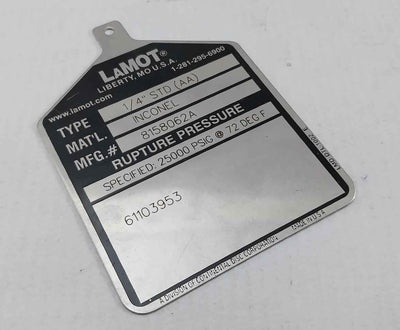 Lamot 1/4” Std (Aa) Rupture Pressure Disc 25000 Psig At 72 Deg F
