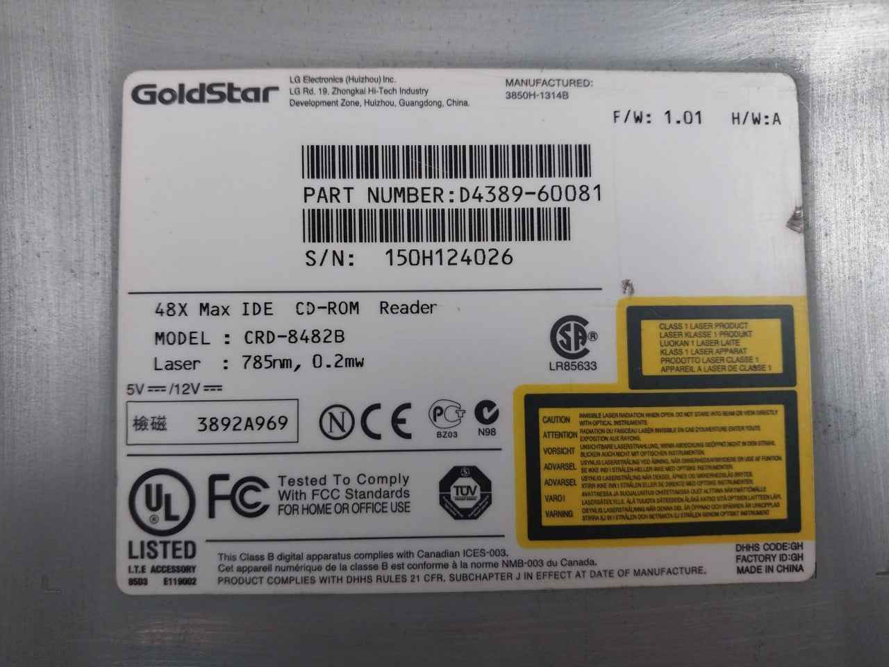 Lg Crd-8482B 48X Max Ide Cd-rom Reader 12V H/W:A