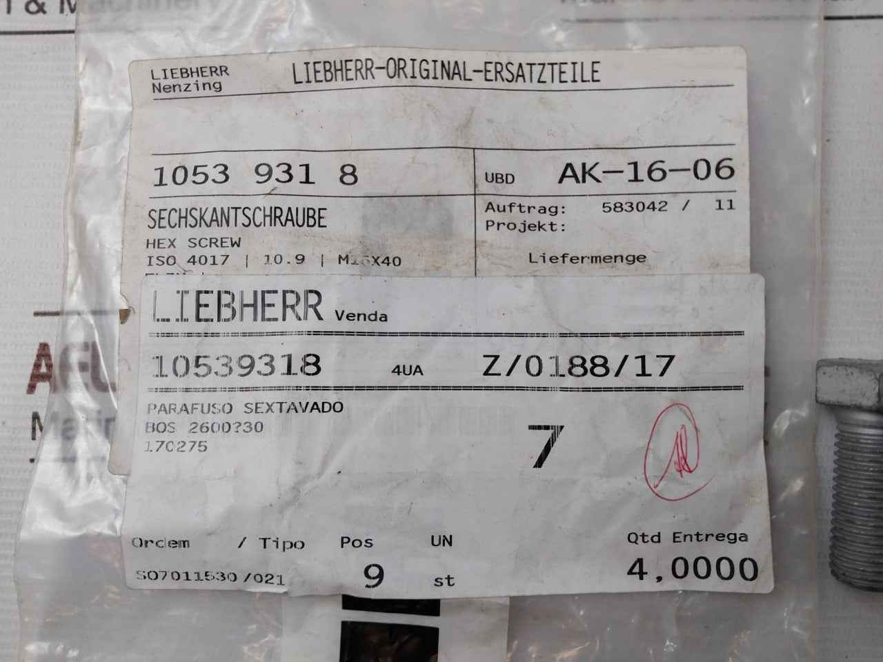 Liebherr 411515014 Assorted Fastener & Fitting Lot Bos 2600730, Bos 2600/30
