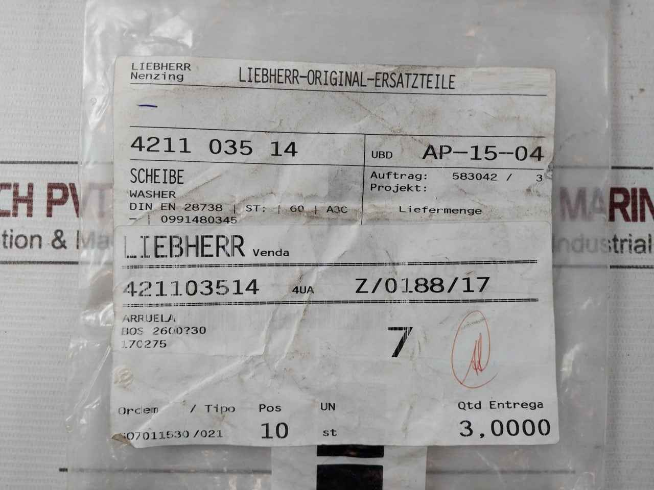 Liebherr 411515014 Assorted Fastener & Fitting Lot Bos 2600730, Bos 2600/30