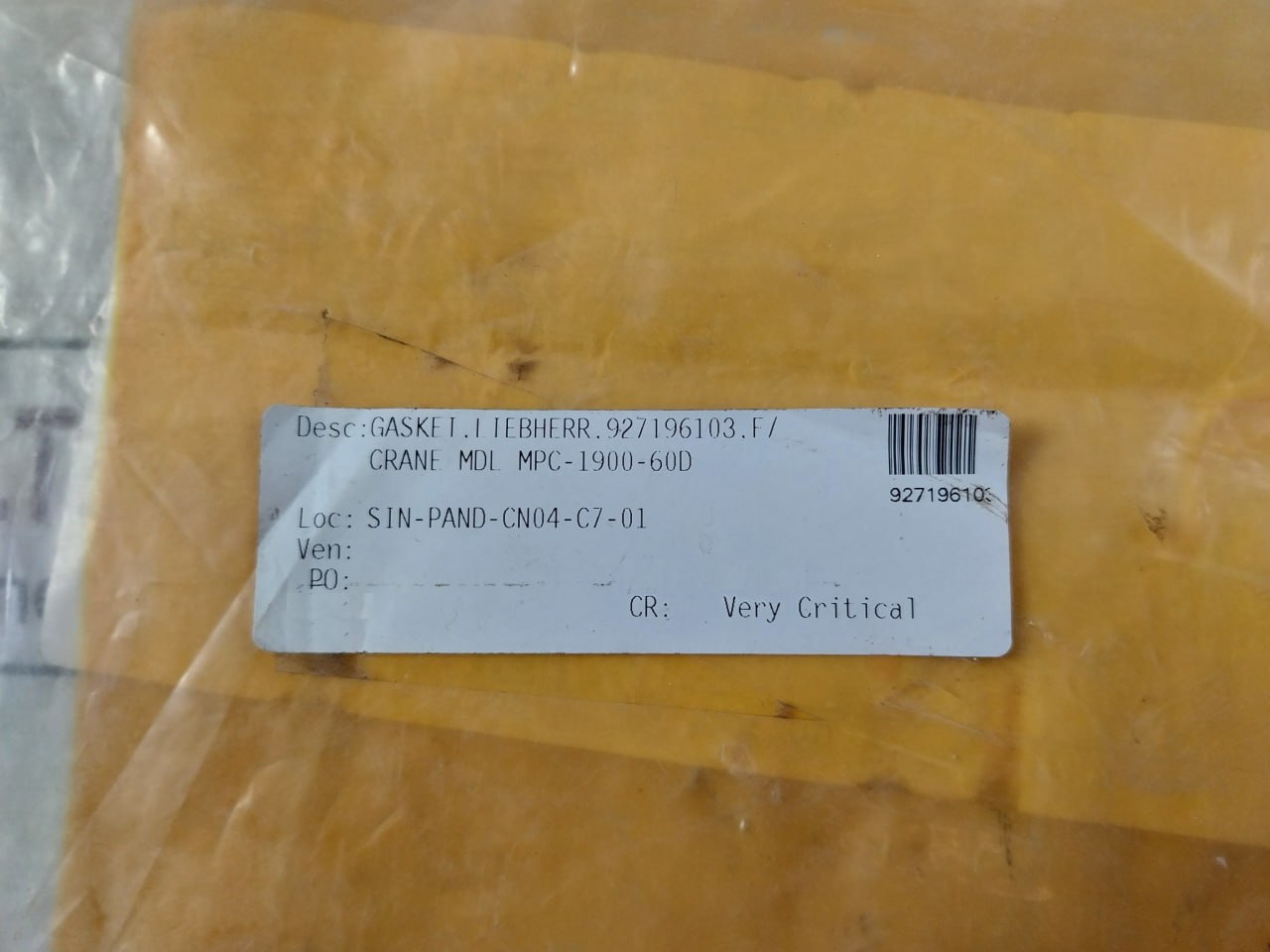 Liebherr 927196103 Gasket For Crane Model Mpc‑1900‑60D