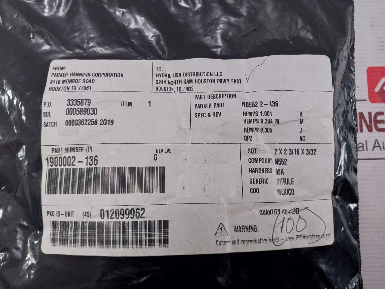 Lot Of 10X Hydril 1900002-136 Seal O-ring 90 Duro 2-136 2 X 2 3/16 X 3/32 90A