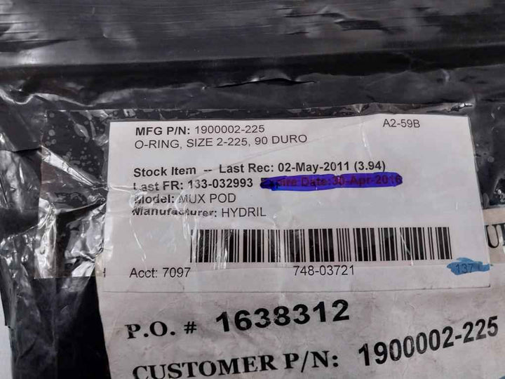 Lot Of 10X Hydril 1900002-225 O-ring, Size 2-225, 90 Duro 7097 748-03721