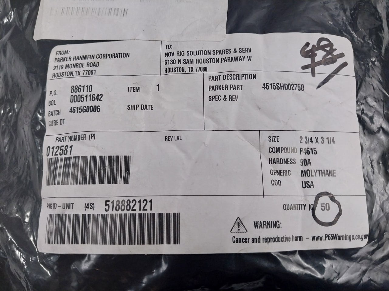 Lot Of 10X Parker 012581 Wiper Ring Seal 2-3/4 X 3-1/4 90A 4615Shd02750