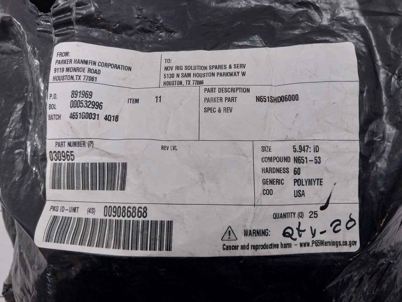 Lot Of 10X Parker Hannifin 030965 Hydraulic Seal Kit N651Shd06000 5.947