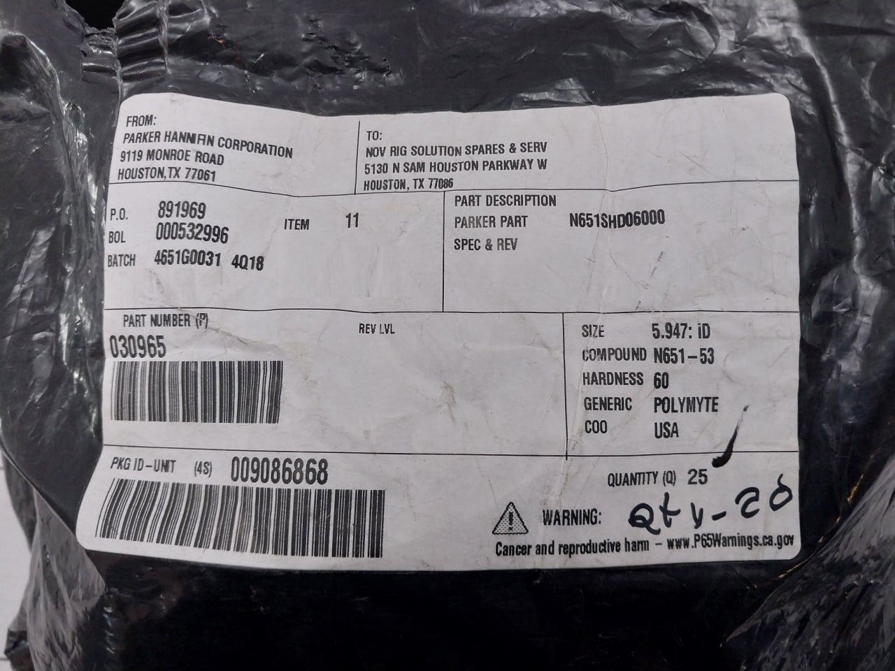 Lot Of 10X Parker Hannifin 030965 Hydraulic Seal Kit N651Shd06000 5.947