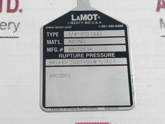 Lot Of 4X Lamot 1/4" Std (Aa) Rupture Pressure Disc 25000 Psig