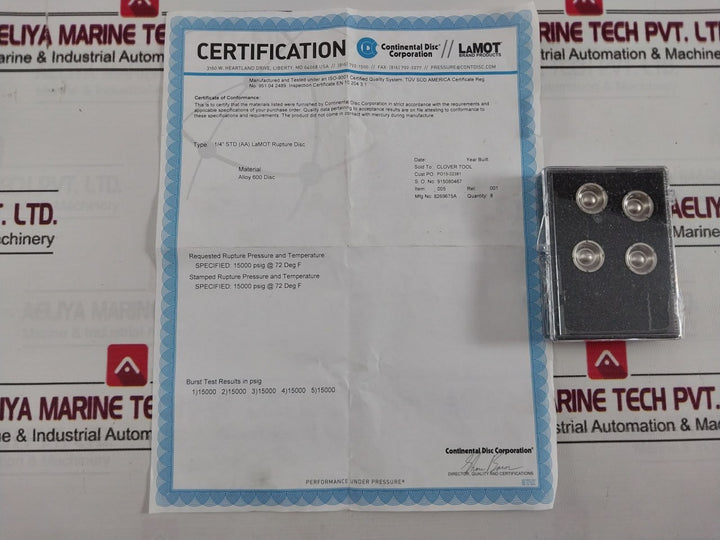 Lot Of 4X Lamot 1/4” Std (Aa) Rupture Pressure Disc Ctu-20P-d2 15000 Psig