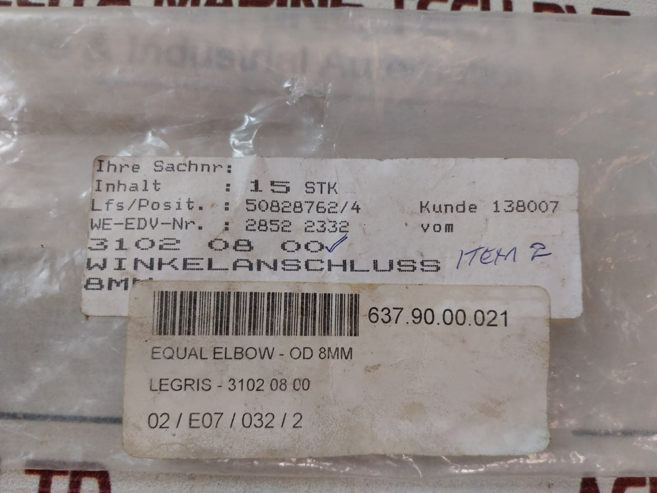 Lot Of 15X Legris 8-5/16 Elbow Connection OD 8MM