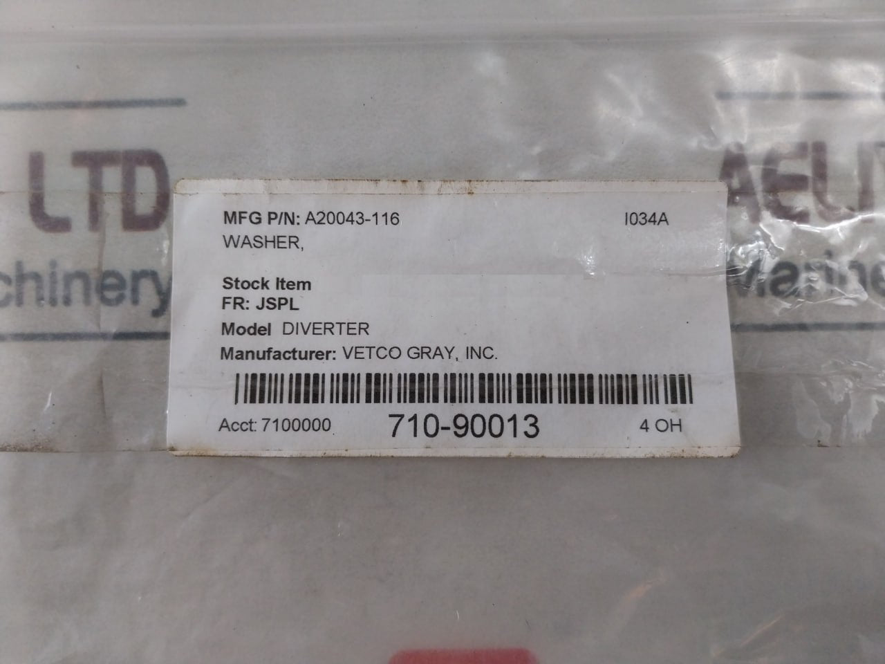 Lot Of 4X Parker A20043-116 Diverter Connector Fitting Washer A-lok