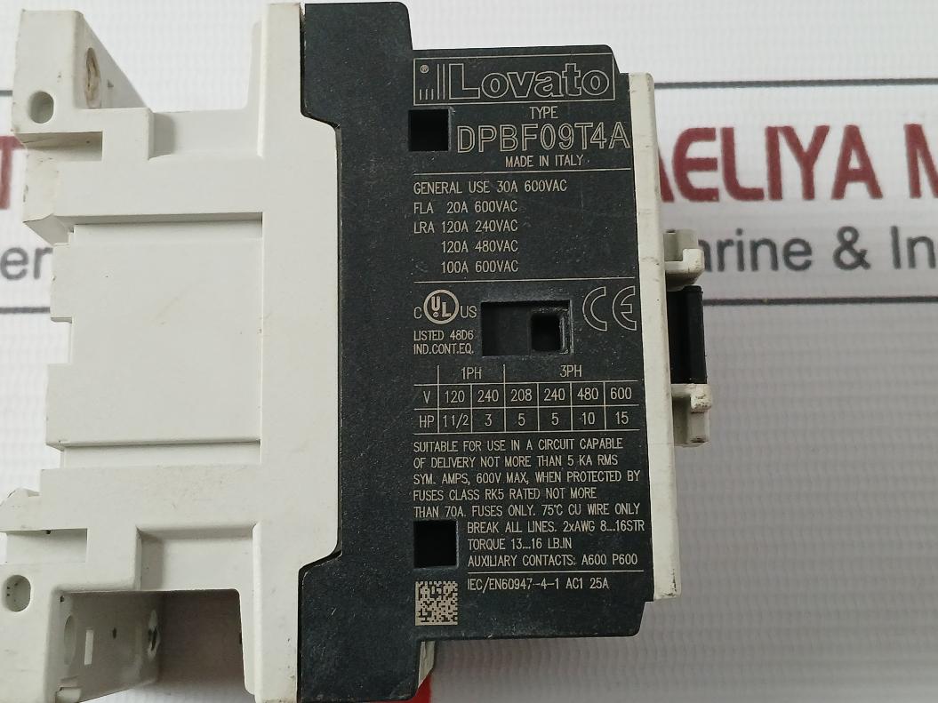 Lovato Dpbf09T4A Iec Contactor 30A 600Vac 75C 2Xawg 8-16 Str Ac1 25A 120V 60Hz