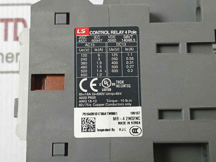Ls Mr-4 2A2B 4 Pole Control Relay 16A 690Vac